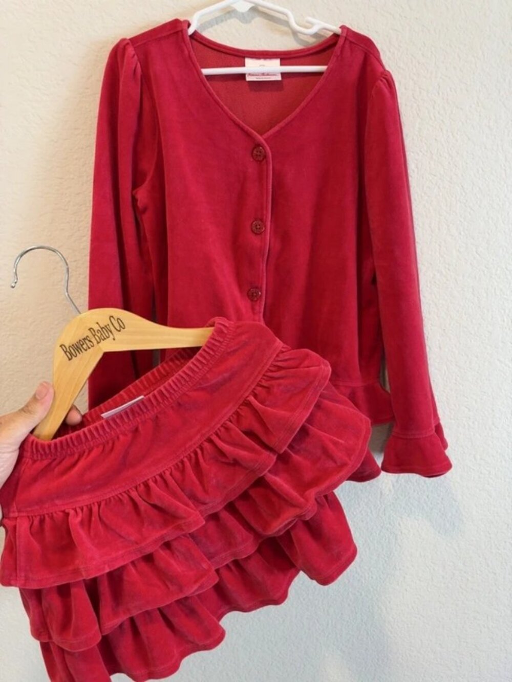 Hanna Andersson Red Velour Cardigan Ruffle Skort Set